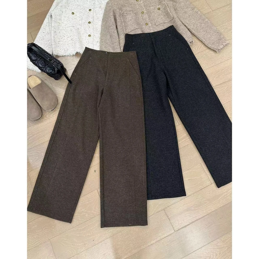 HAN YU 2024秋冬 设计感缝线四角标高腰毛呢休闲裤  2410B4565