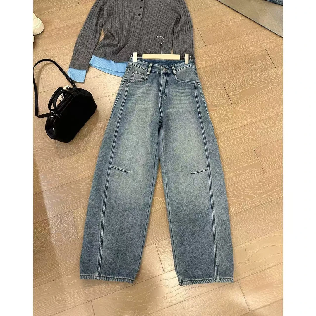 小静静一会【水波纹香蕉牛仔裤】冬季加绒休闲长裤 2411B5331