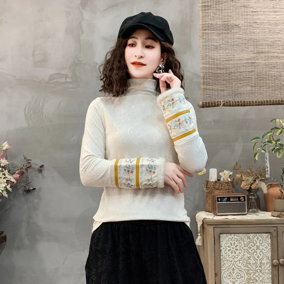 新中式国风高领打底衫袖口刺绣加绒保暖百搭修身显瘦长袖上衣女装