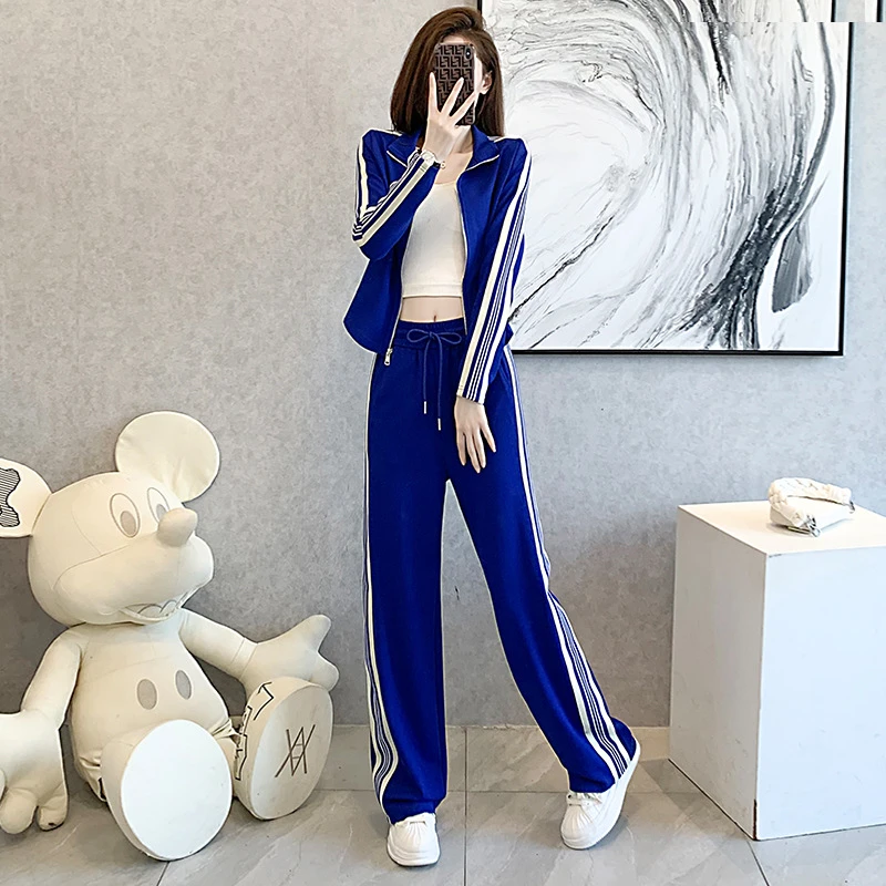 时尚炸街运动休闲套装女2023春新款流行洋气开衫卫衣阔腿裤两件套