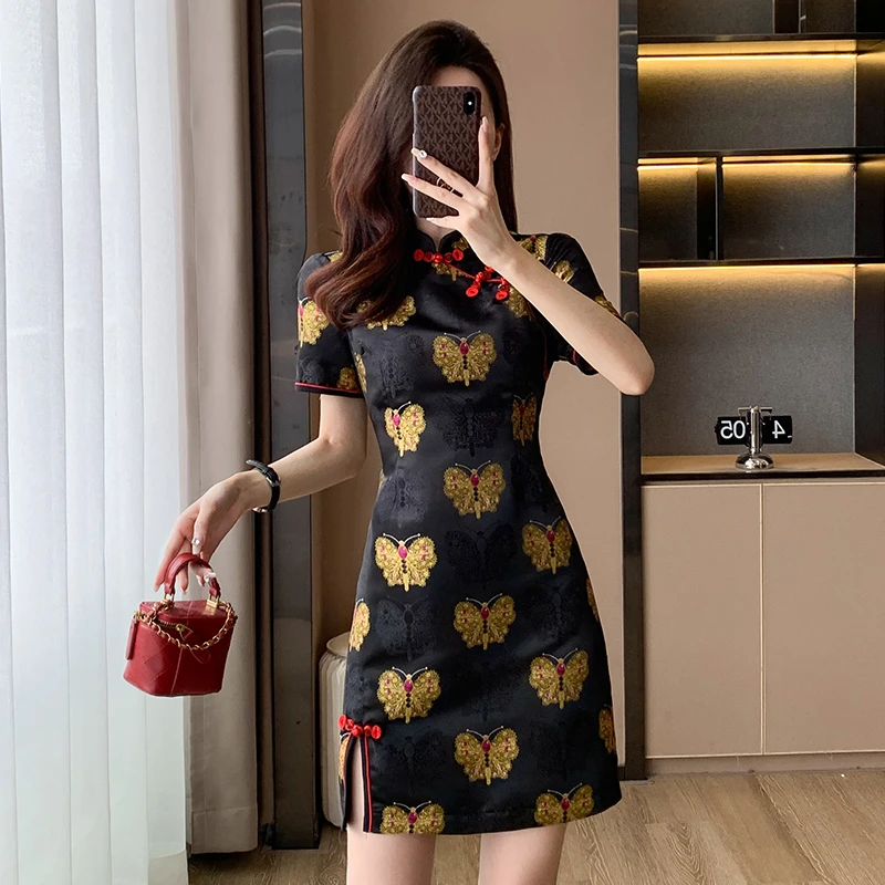 新款洋气女装小个子开叉连衣裙女气质时尚夏季薄款修身中国风裙子