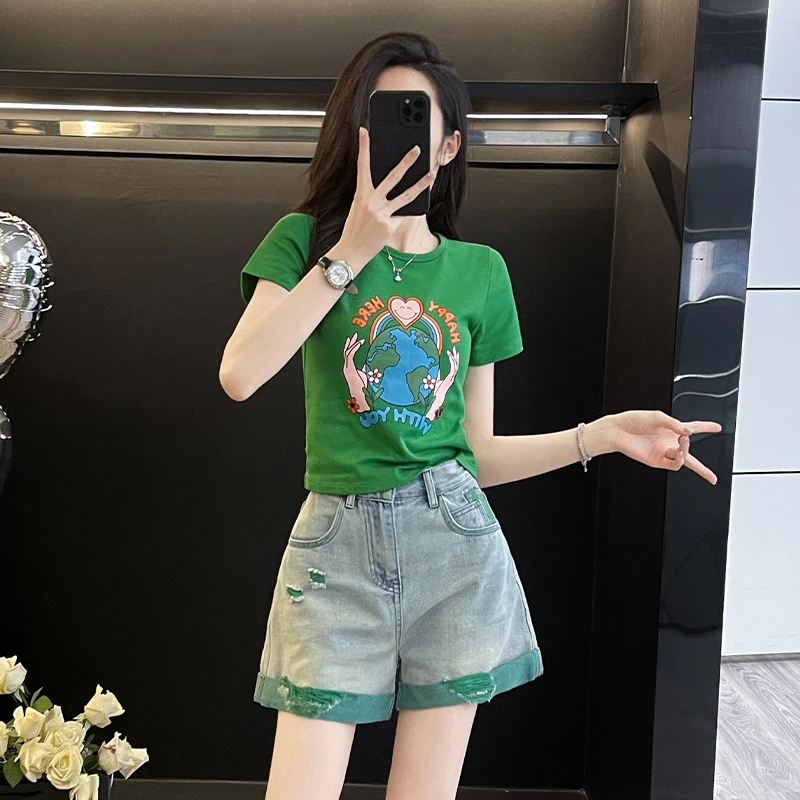 网红时尚气质套装女夏季印花短袖洋气减龄休闲牛仔高腰短裤两件套