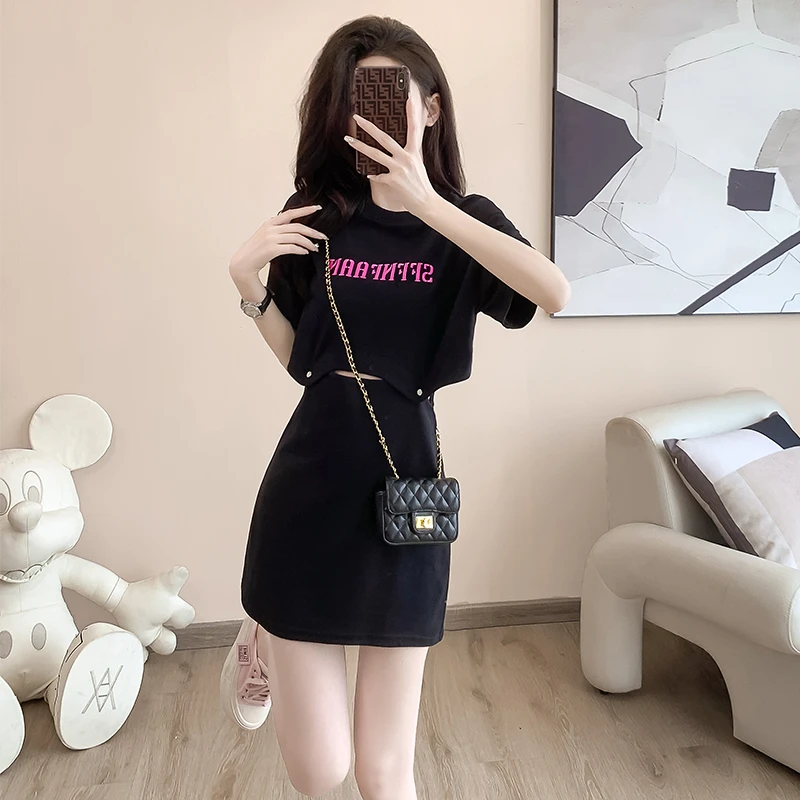 小个子休闲连衣裙女夏新款小众设计感活泼减龄高腰显瘦两件套装裙