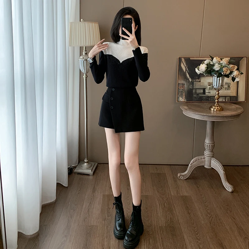 欧货秋冬新款气质拼接长袖针织毛衣套装高级感牛仔半身裙两件套