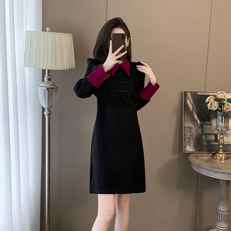 新中式国风改良黑色连衣裙秋冬2023新款气质赫本高级感时尚内搭裙