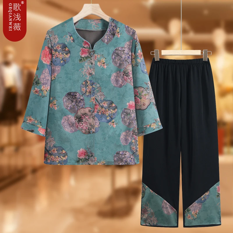 奶奶夏装套装中老年人七分袖衬衫开衫两件套女妈妈复古薄衣服太太