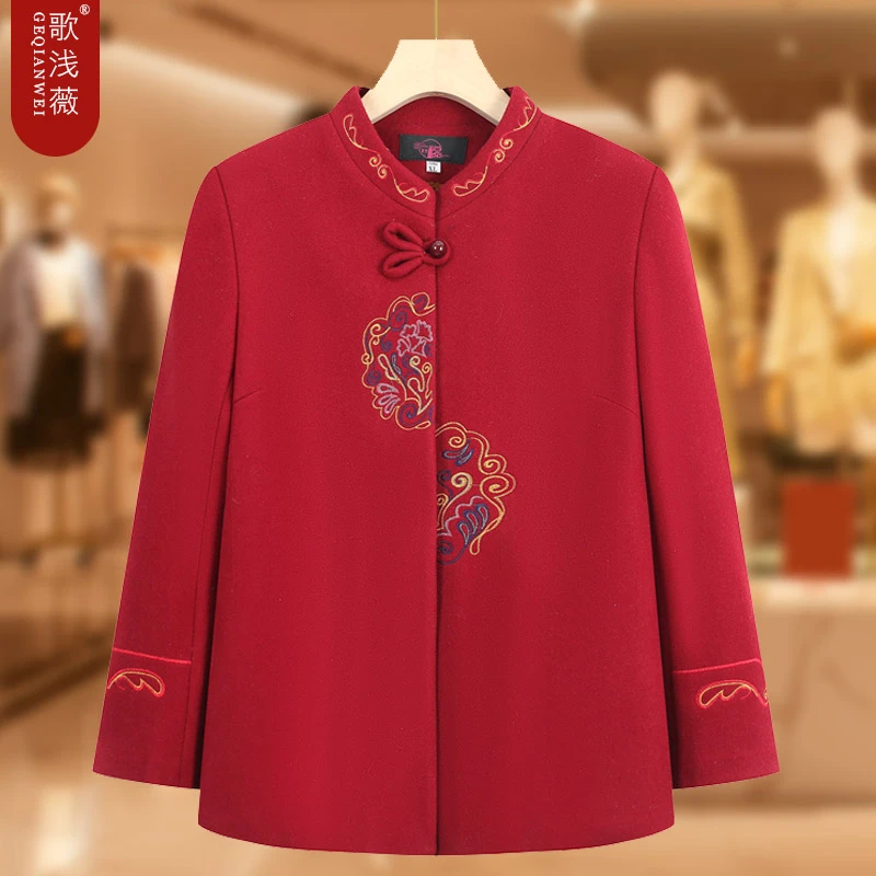 中老年女装奶奶装春秋毛呢外套妈妈秋装喜庆唐装上衣老人过寿衣服