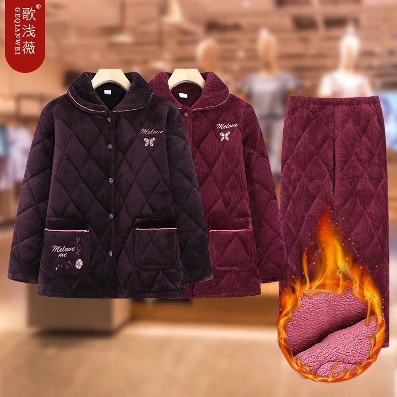中老年妈妈冬季加绒睡衣棉衣棉裤加大码加绒加厚奶奶居家服保暖衣