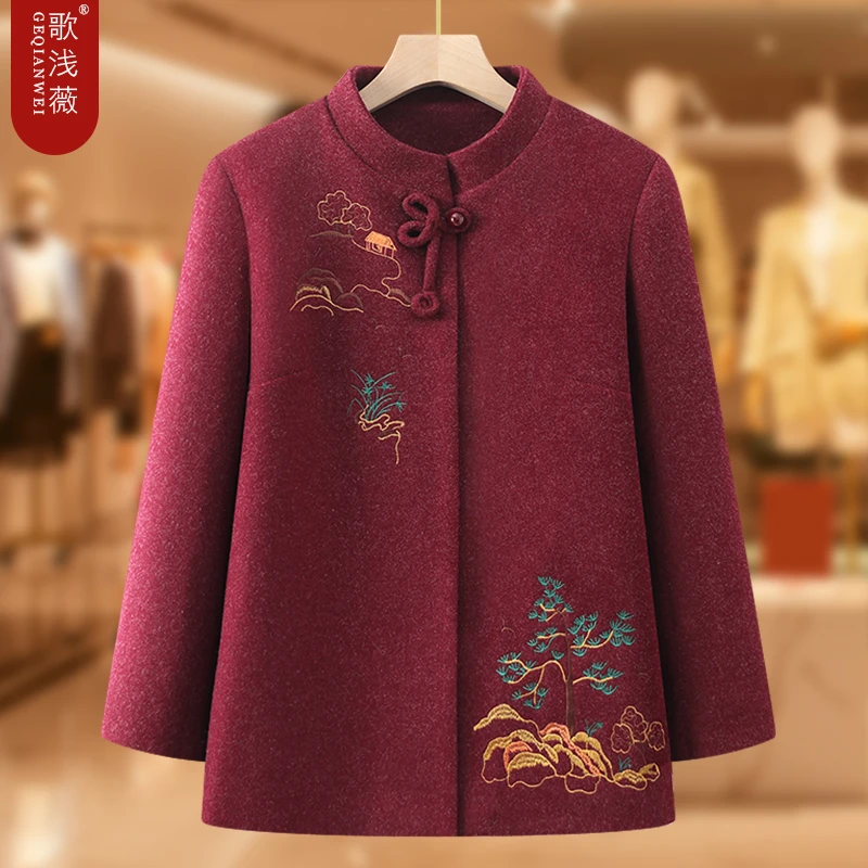 中老年春秋毛呢外套女小个子奶奶秋装喜庆老人新中式妈妈呢子上衣