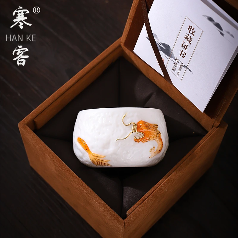 陈德根大师手工主人杯龙隐杯羊脂玉素烧手绘描金龙年罗汉杯礼品杯