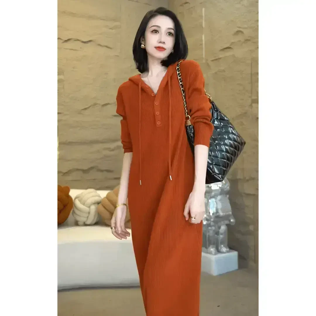现货 新款大码宽松气质显瘦毛衣裙轻奢女款A高级感休闲连帽连衣裙