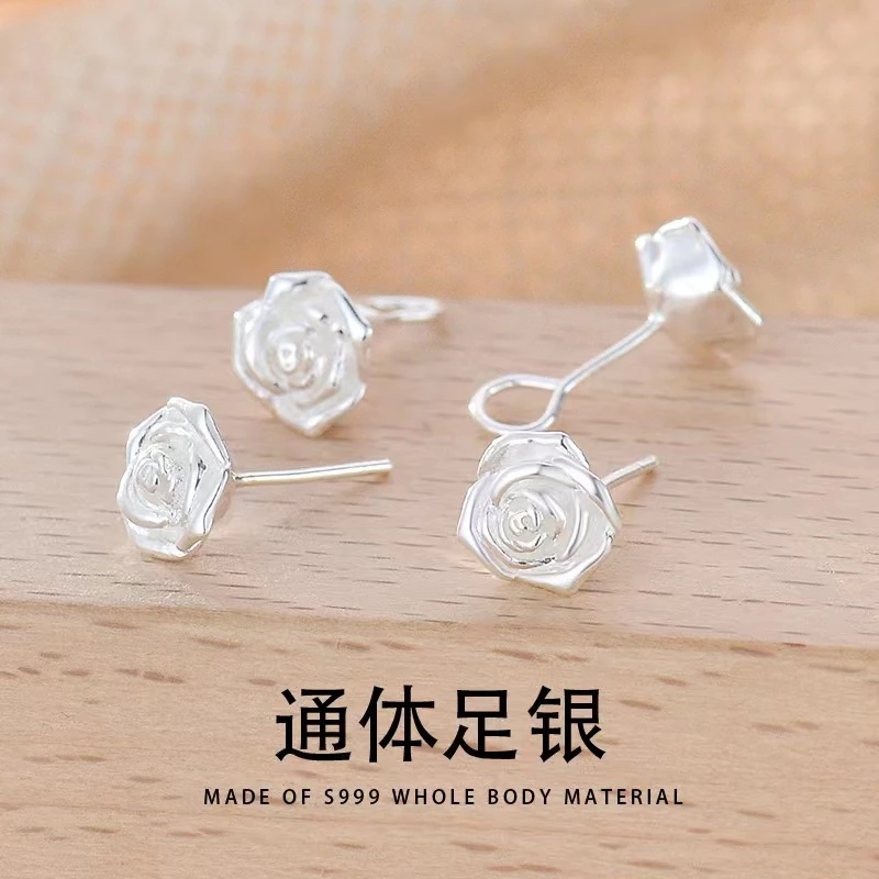 足银耳饰 999纯银玫瑰花耳钉简约个性时尚百搭古风气质女士耳饰女
