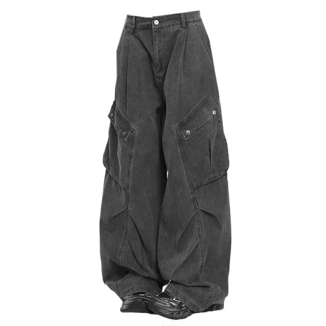 (懒猪）腿粗必穿口袋立体做旧微喇cleanfit宽松直筒口袋工装裤长裤