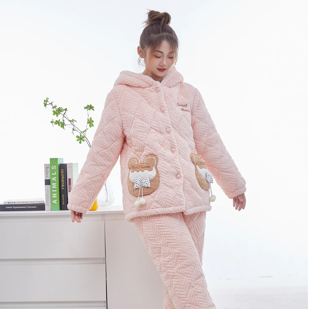 冬款女士7123夹棉睡衣时尚三层夹棉加厚舒适家居服套装加绒保暖