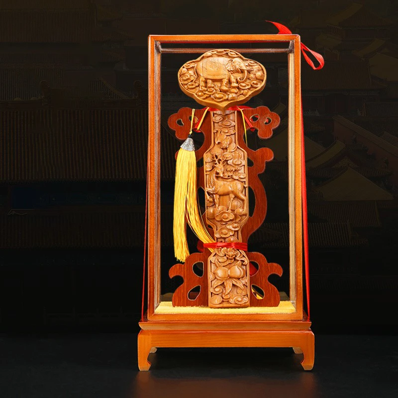 康聚如桃木如意摆件立式实木雕刻家居客厅办公室装饰品开业礼品