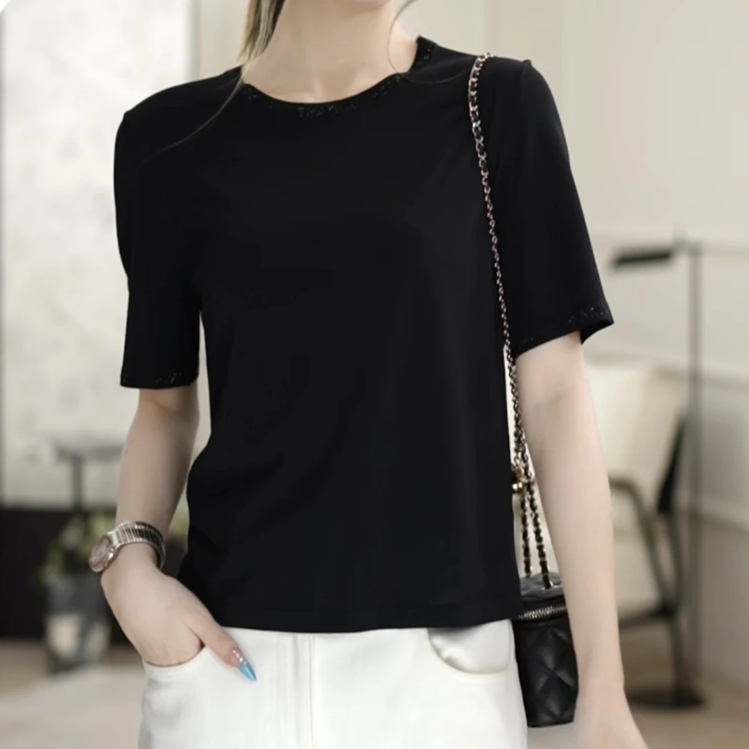 AMASS/阿玛施夏季新百搭通勤字母圆领套头气质针织短袖T恤5399706