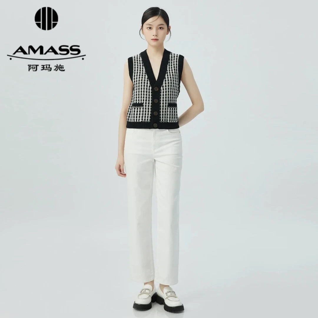 AMASS/阿玛施秋冬经典气质羊毛V领拼色针织小香开衫马甲/5499167