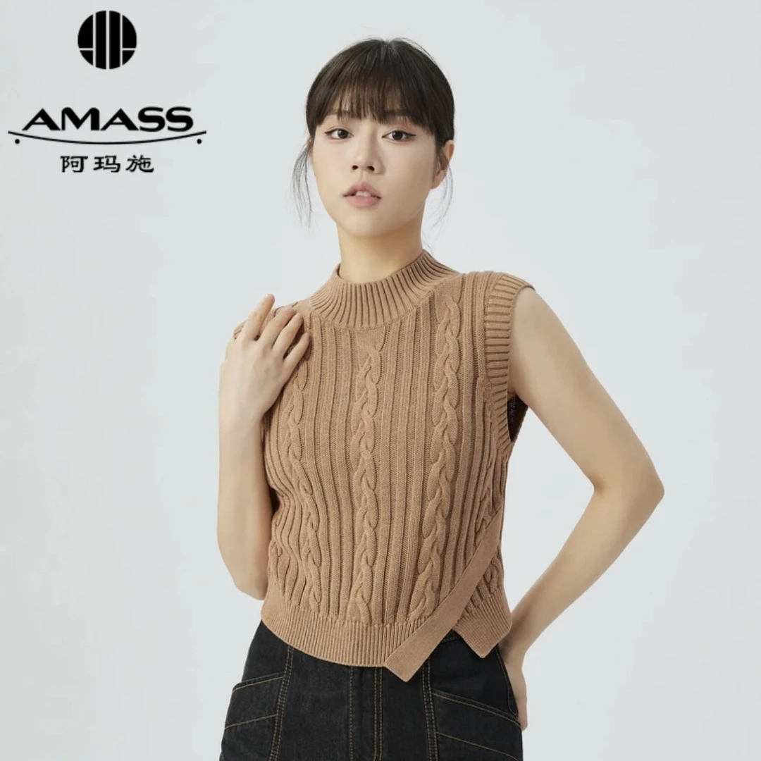 AMASS/阿玛施时尚休闲烟管领不规则纯羊毛背心针织马甲/5399380