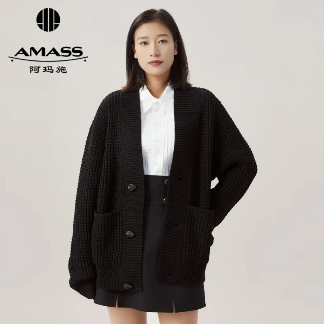 AMASS/阿玛施春季热力感高级时尚百搭加厚纯色长毛衣开衫/5499196