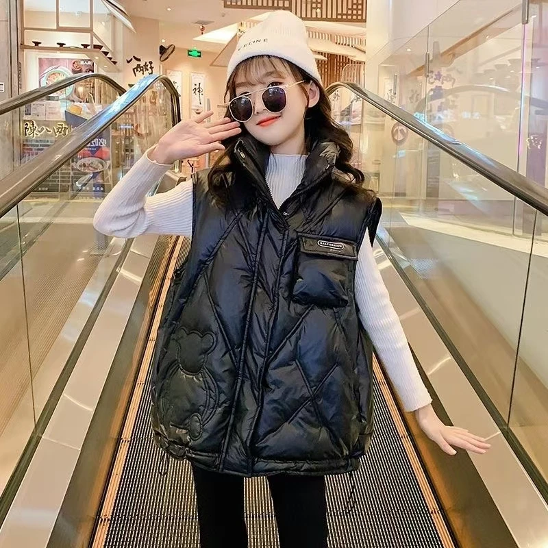 女童马甲秋冬儿童亮面免洗外套中大童洋气加厚外穿马夹背心