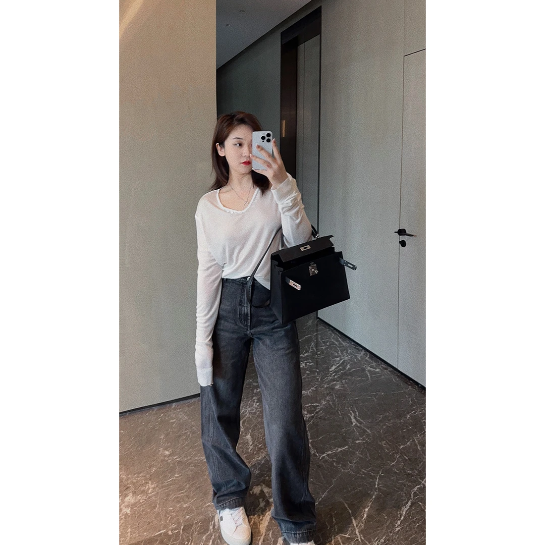 OSENSO“香蕉裤”春夏高腰垂感女款直筒窄版薄款牛仔裤KZ230718