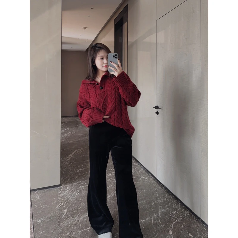 OSENSO"厚丝绒裤"秋冬加绒加厚显瘦休闲半松紧丝绒微喇裤KZ231104