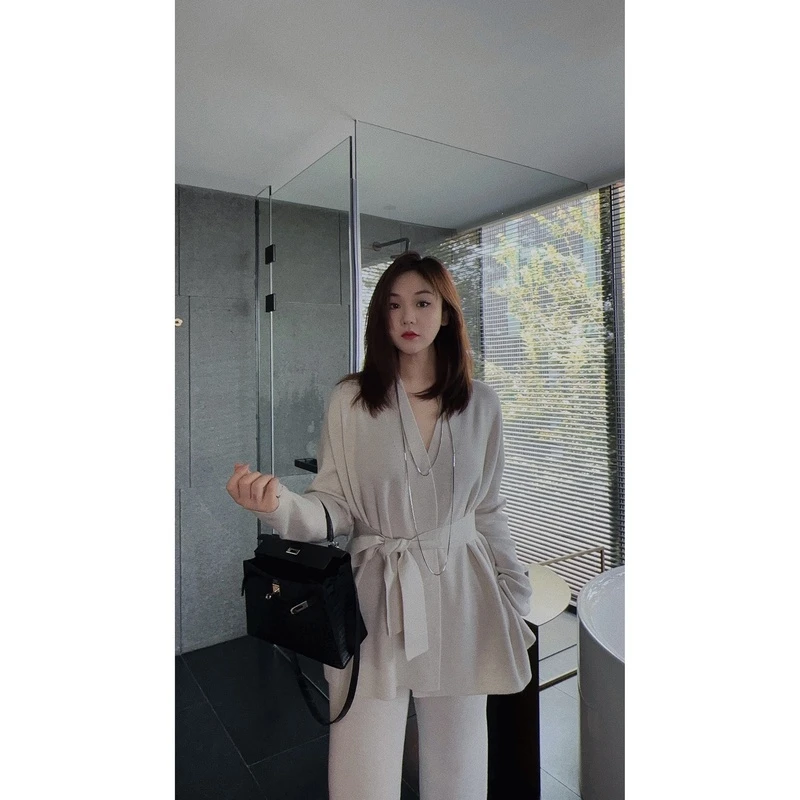OSENSO“拿铁”秋冬扬子纱时尚设计感显瘦腰带针织套装ZZ230962