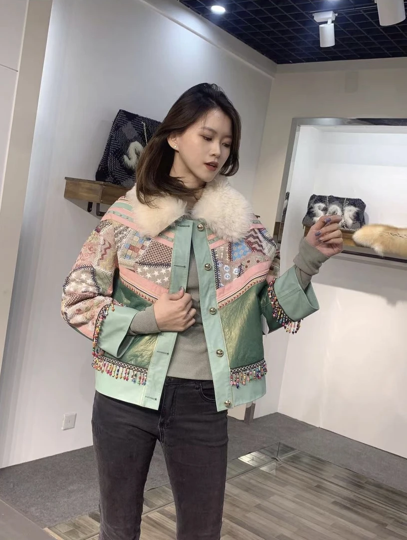 冬季新款重工刺绣民族风流苏进口美丽奴时尚女士皮毛一体短外套