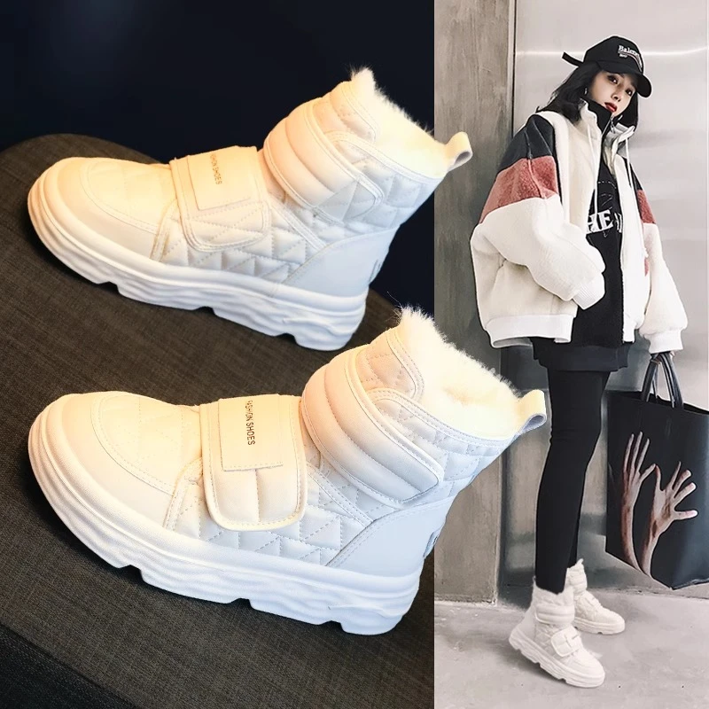 回力瑞厚底雪地靴女2023年秋冬季新款百搭魔术贴面包棉鞋加绒加厚