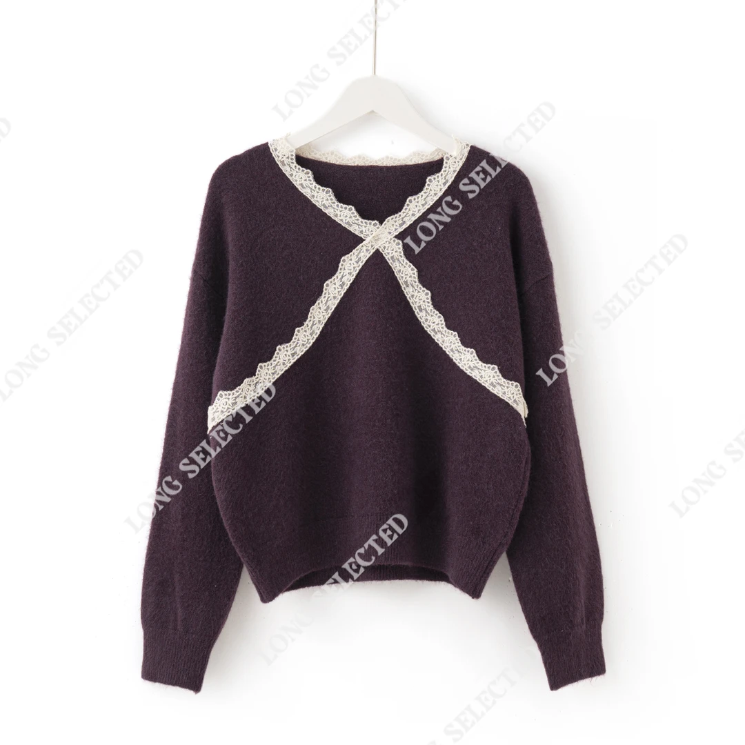 N2868高级感慵懒风温柔法式蕾丝花边拼接V领气质针织上衣9027