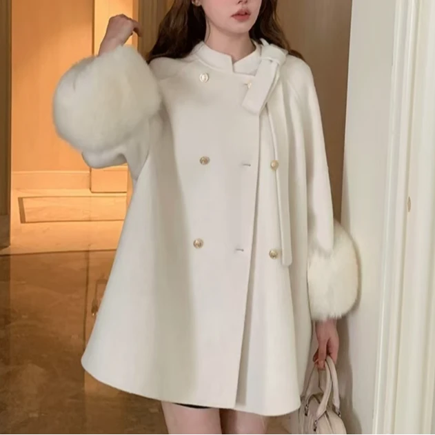 H2296轻奢名媛风高级感狐狸毛拼接袖口设计法式温柔羊毛大衣