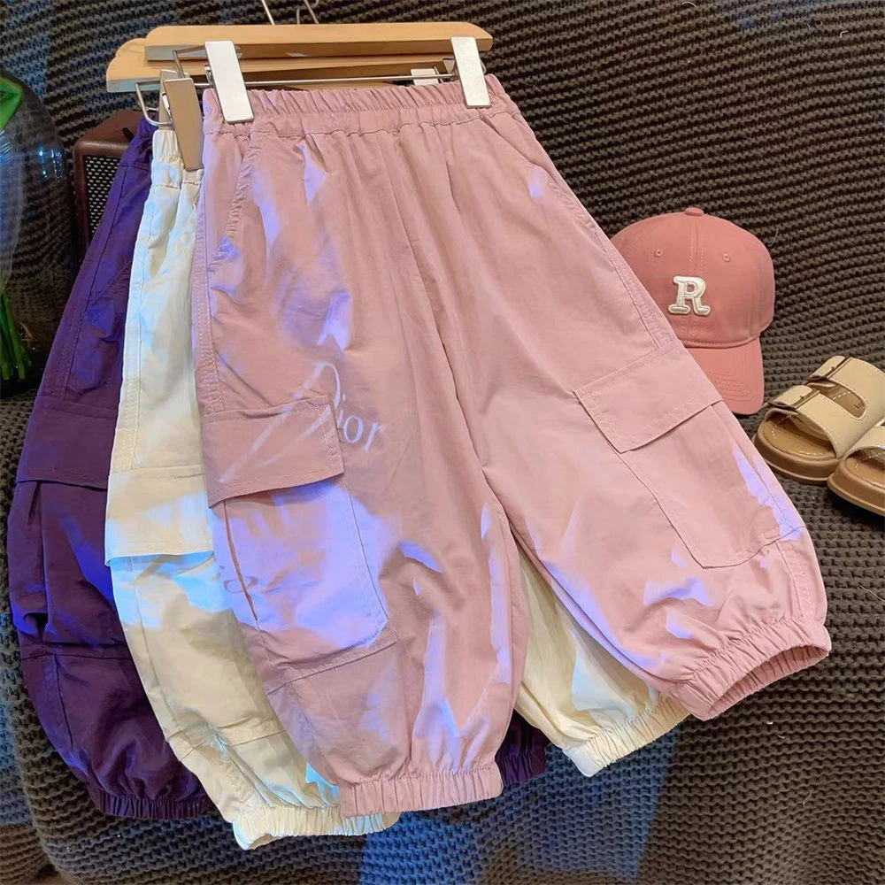 女童裤子夏季薄款2024弹力速干运动束脚裤宽松工装裤薄儿童防蚊裤