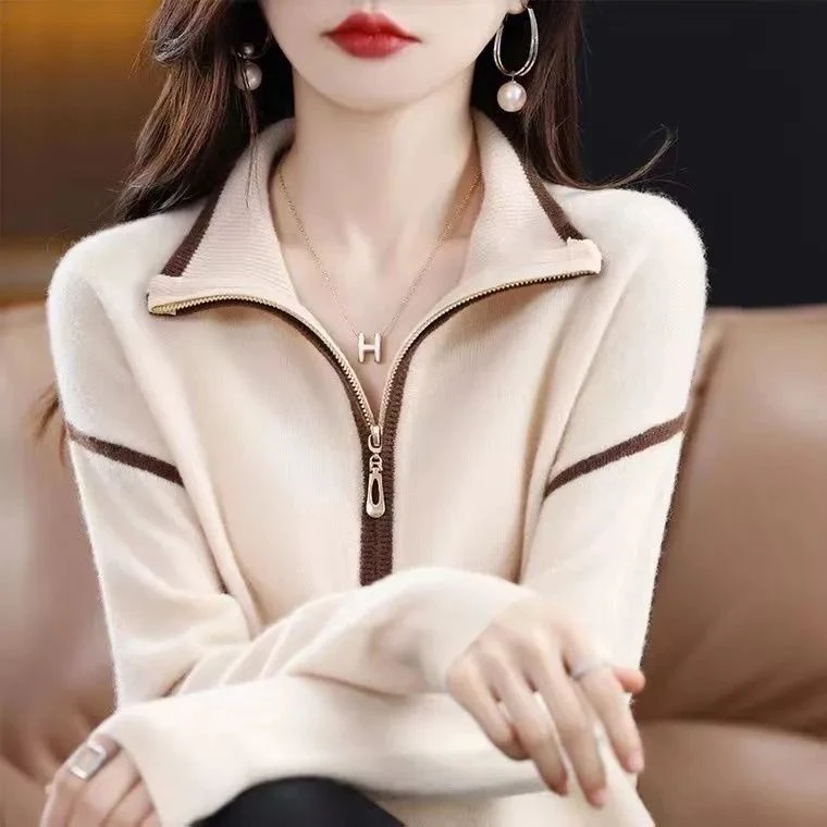 春秋新款洋气翻领毛衣女百搭半高拉链宽松外搭显瘦高档打底针织衫