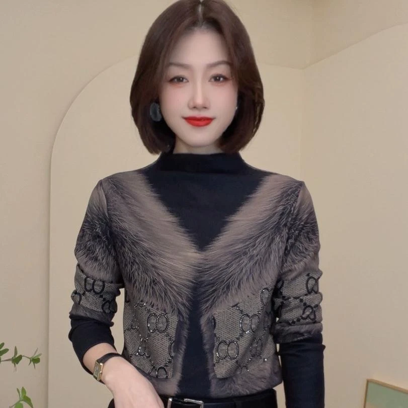 2024秋冬女士打底衫t恤上衣半高领长袖修身印花百搭大码妈妈装女