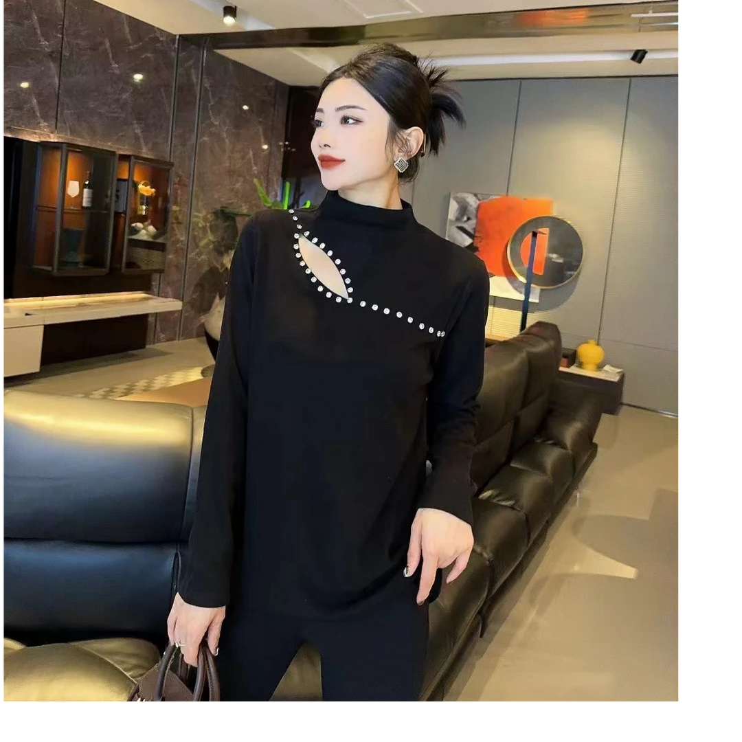 大菲菲家大码胖妹妹高领镂空亮钻长袖上衣871