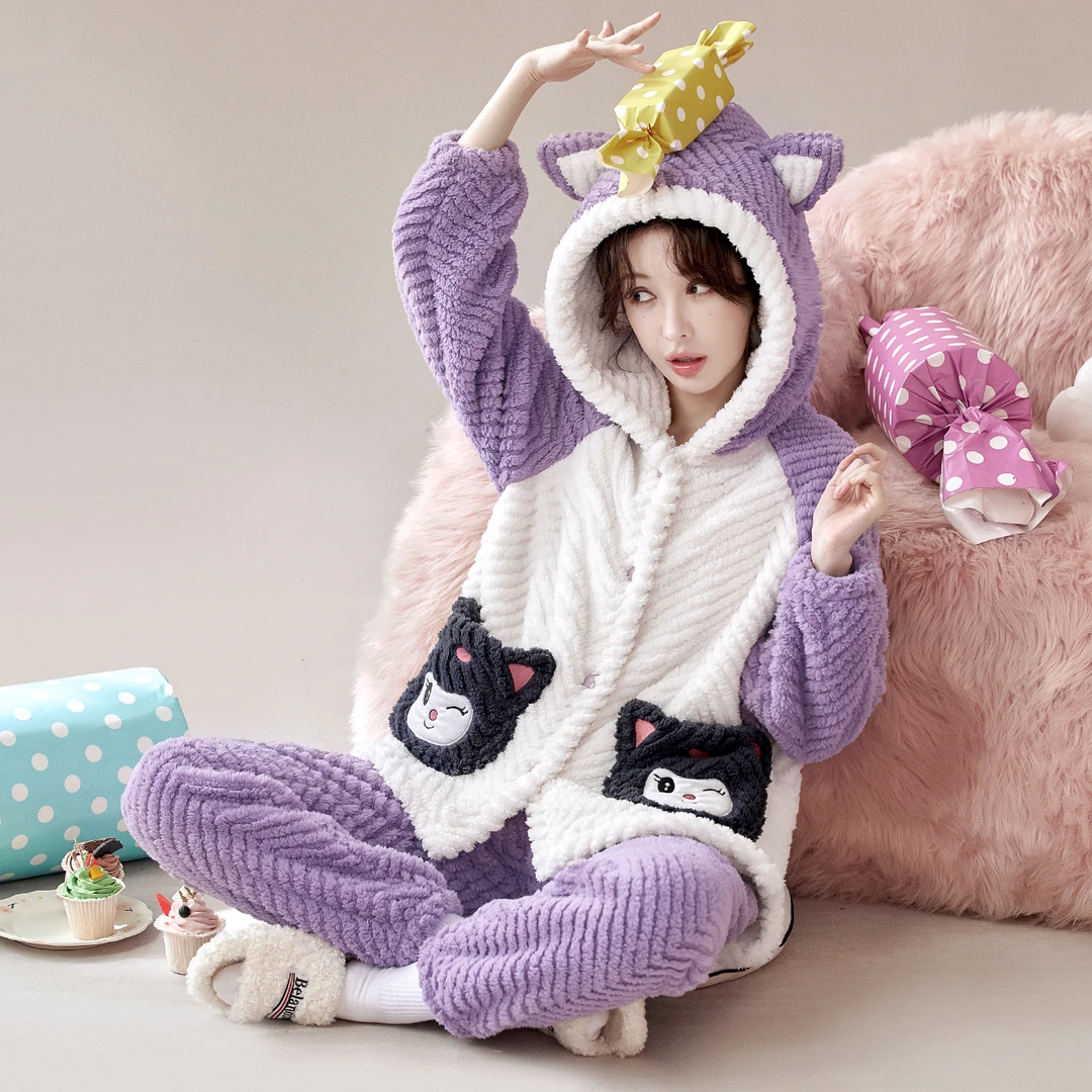 女士可外穿家居服甜美可爱女珊瑚绒睡衣秋冬法兰绒女连帽卡通