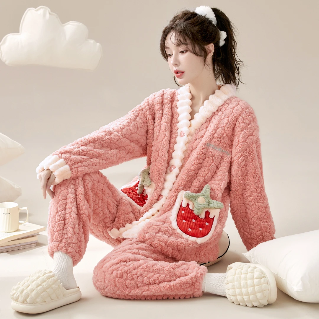 卡通甜美可爱加厚加可外穿暖绒睡衣女绒法兰绒家居服女士保暖