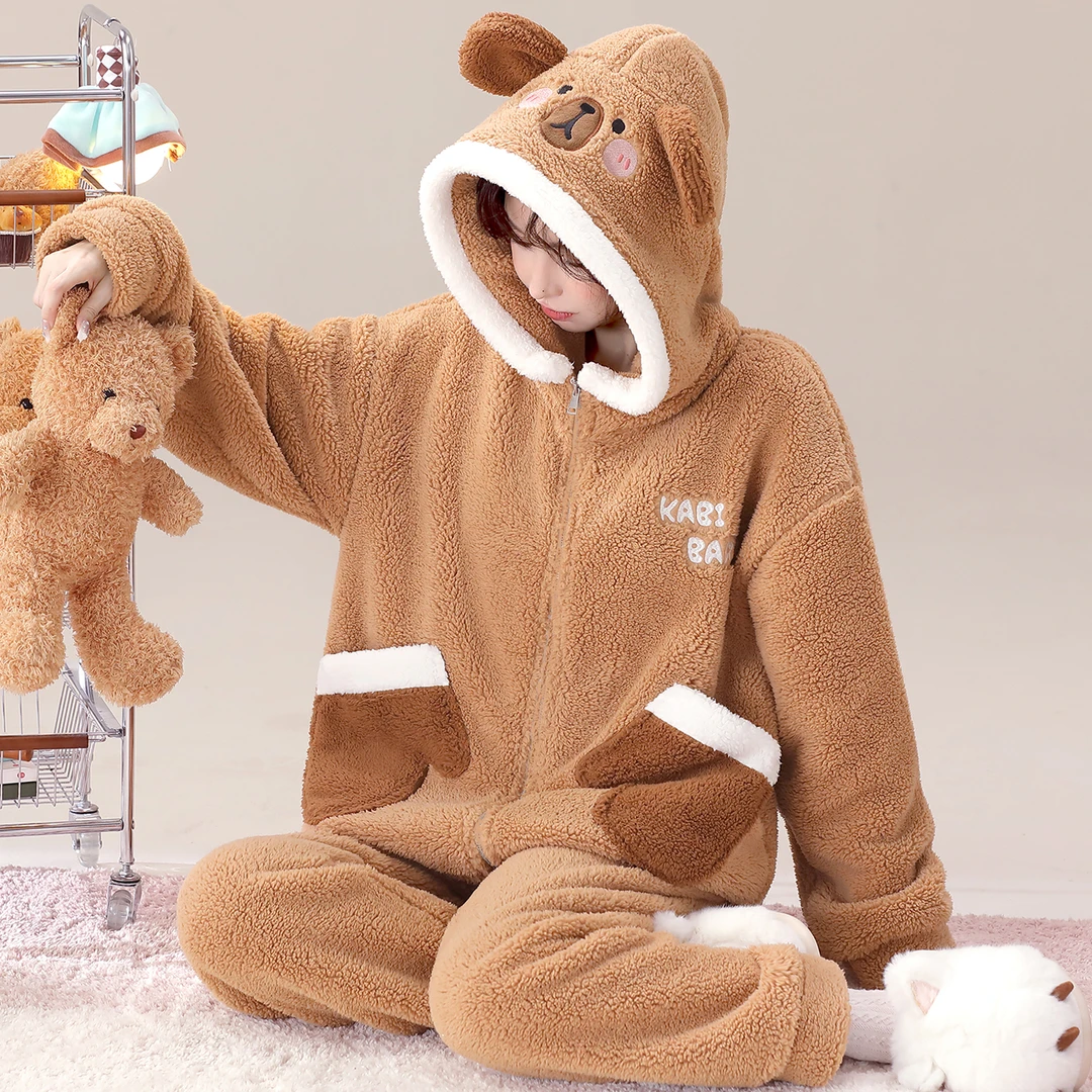 【卡比小熊】秋冬天卡通可爱暖绒可外穿家居服法兰绒连帽宽松睡衣