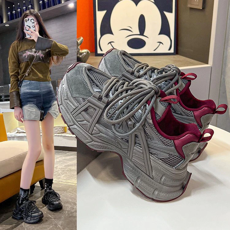 真皮复古绑带老爹鞋女2025春季爆款厚底增高轻便显脚小休闲运动鞋