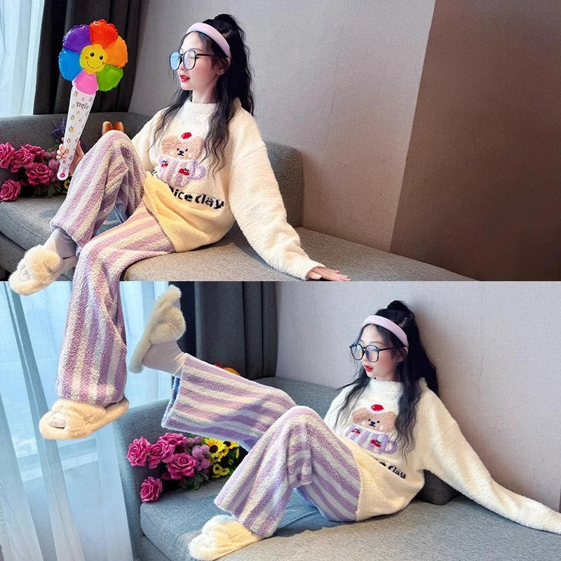 女童睡衣秋冬2024新款大童女孩加厚款半边绒家居服儿童珊瑚法兰绒