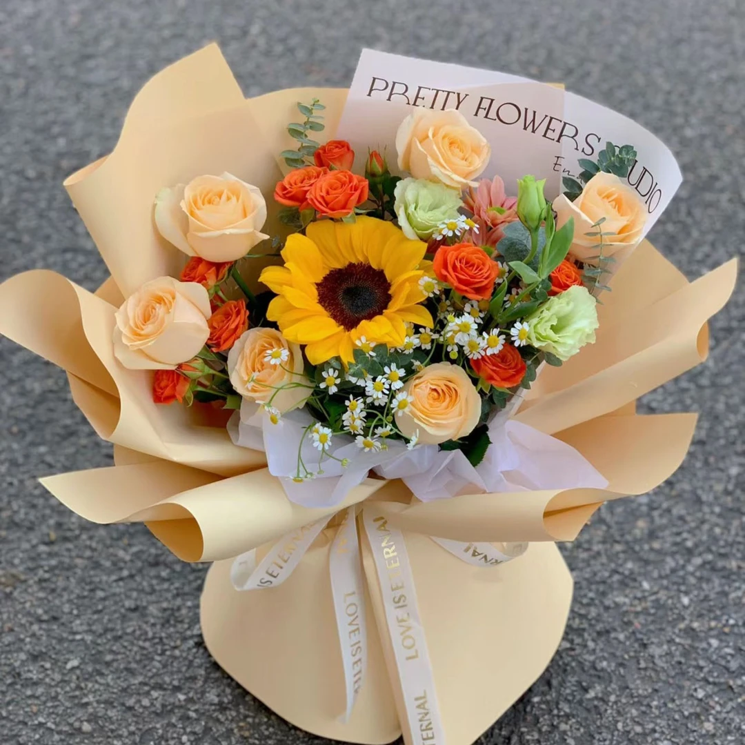 【心之绮丽】1朵向日葵混搭6朵香槟玫瑰鲜花送女友朋友长辈送老师生日祝福礼物鲜花花束小时达同城配送