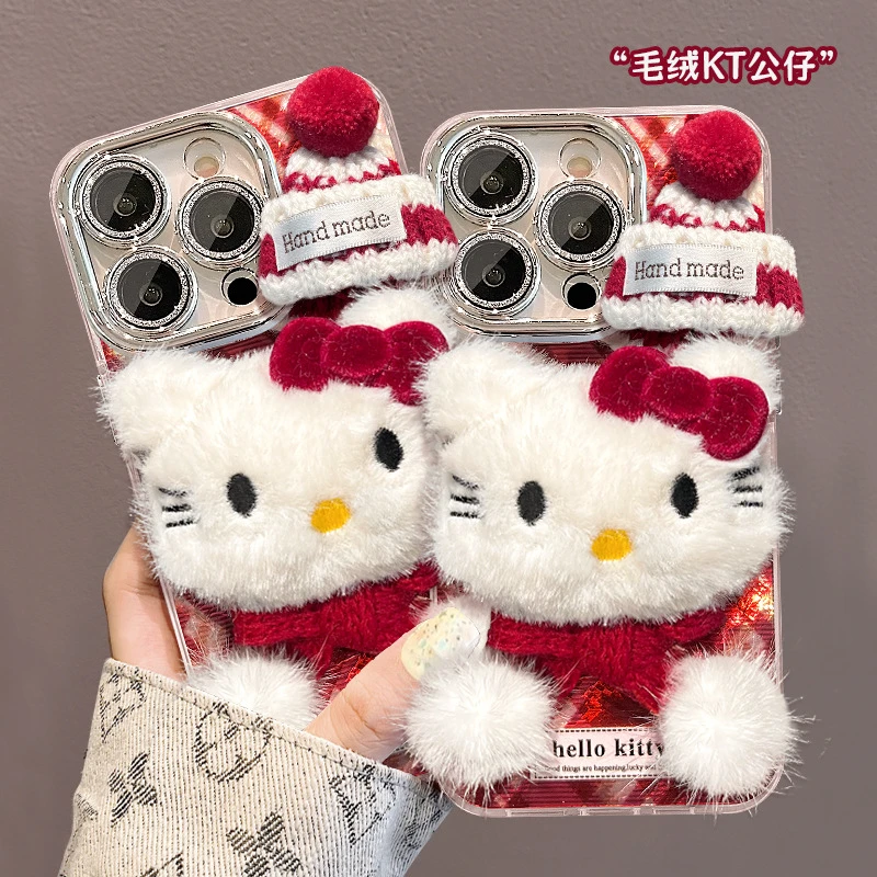 可爱毛绒猫咪公仔适用16手机壳15pro锡纸纹14新年圣诞节13/12