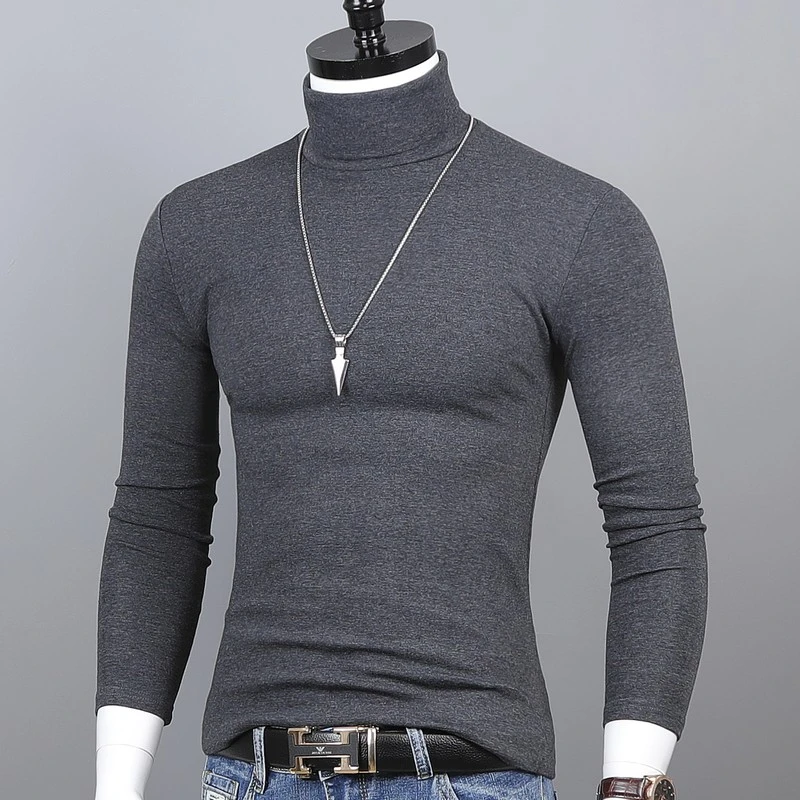 纯棉高领打底衫男士秋冬长袖T恤修身纯色内搭秋衣青年保暖上衣厚