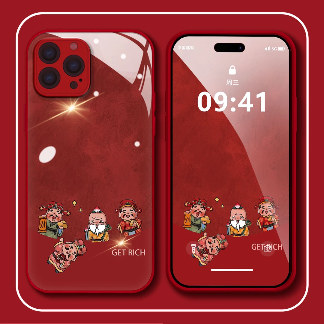 新年款欢喜财神爷苹果/华为/OPPO/VIVO高档玻璃防摔防爆手机壳女