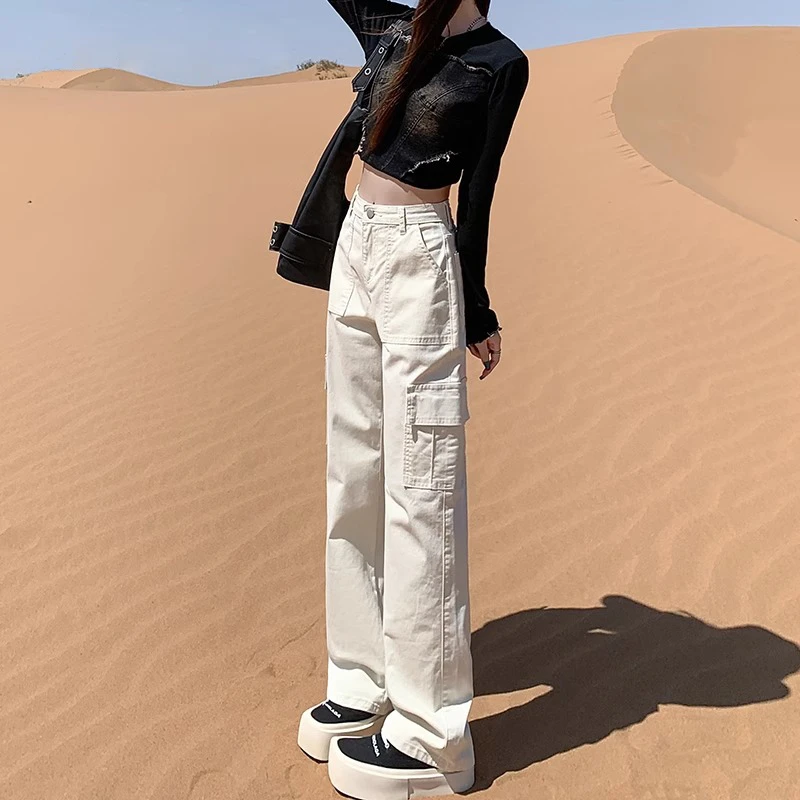 米杏色窄版阔腿牛仔裤女2024秋季新款美式高腰宽松设计感工装裤