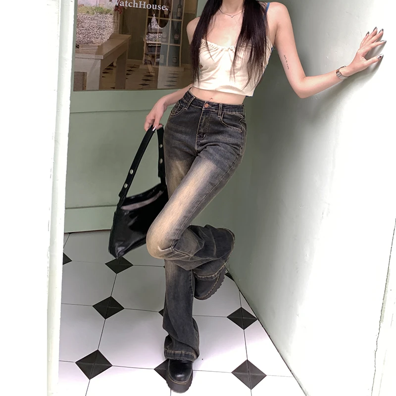 美式复古辣妹喇叭牛仔裤女秋季新款弹力显瘦高个子拖地微喇马蹄裤