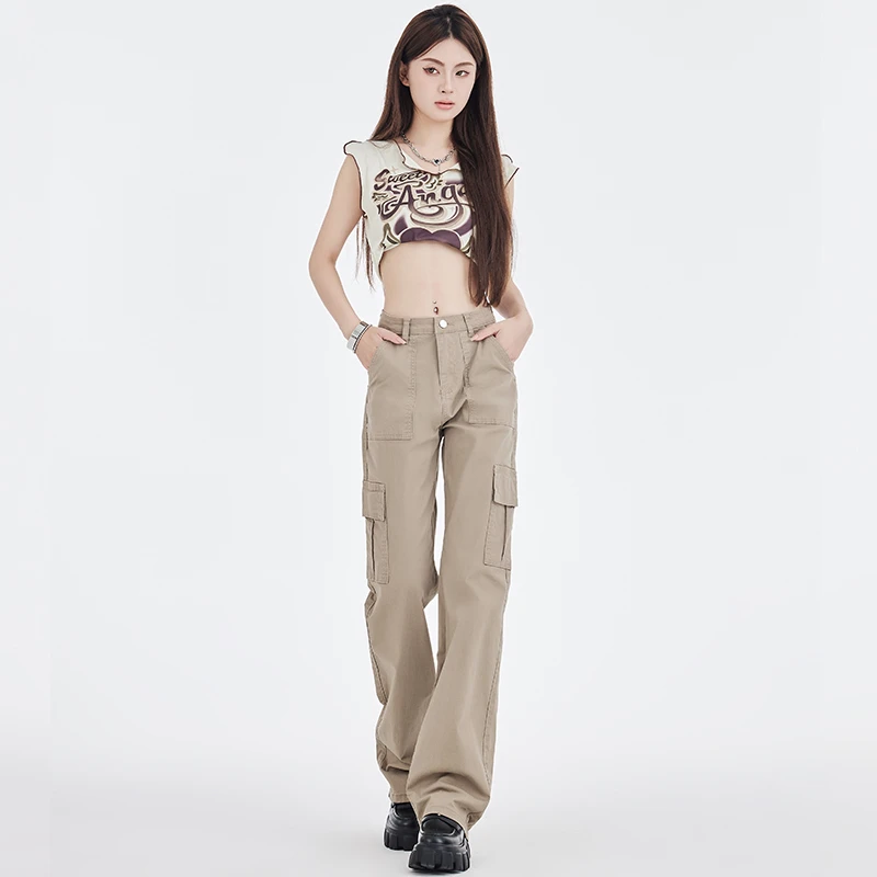 卡其色高腰显瘦直筒牛仔裤女新款欧美高街vibe阔腿工装裤子休闲裤