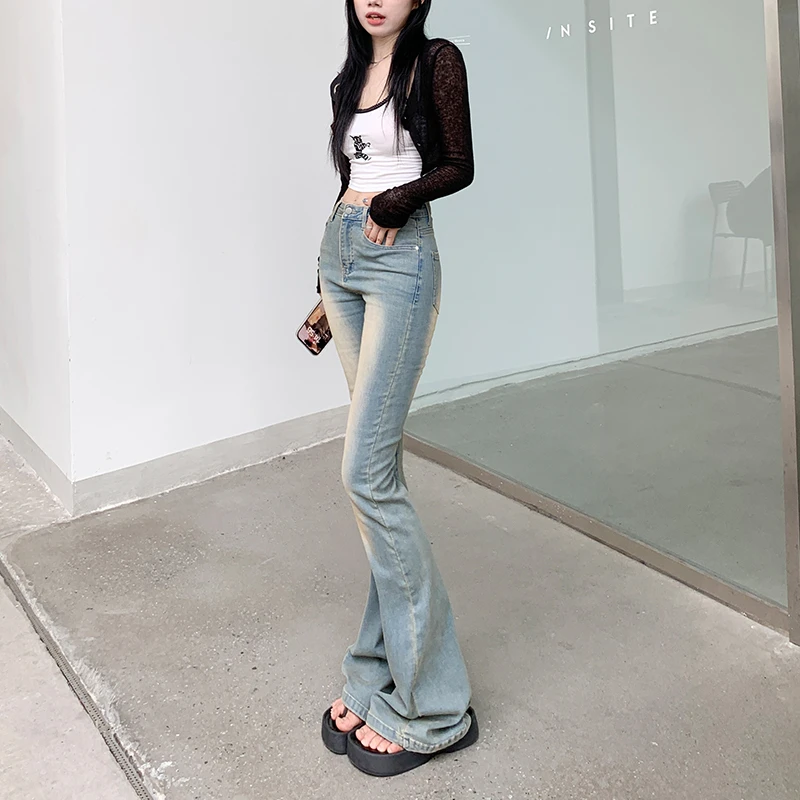 美式复古怀旧蓝辣妹微喇裤女春夏新款高腰显瘦修身弹力百搭牛仔裤