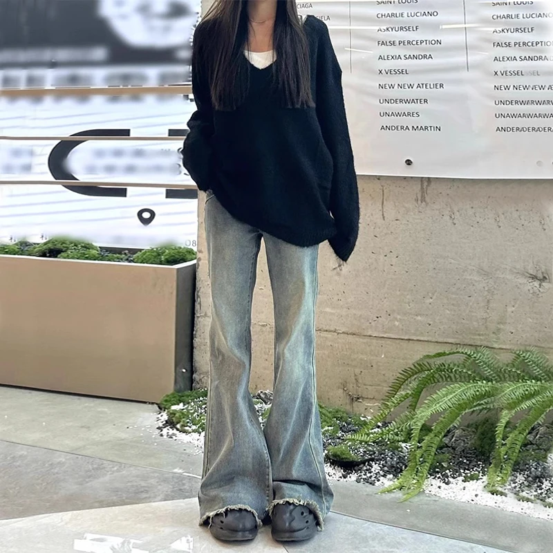 高个子加长美式复古微喇牛仔裤女175超长修身宽松显瘦毛边拖地裤