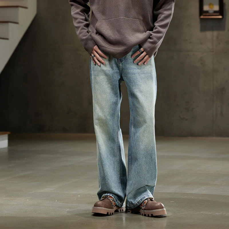2024秋冬新款休闲复古浅蓝色中高腰喇叭水洗牛仔裤基础男简约百搭
